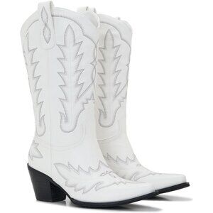 ⚡Women White Faux Leather Wood Grain Embroidered Chunky Heel  Cowgirl Boots